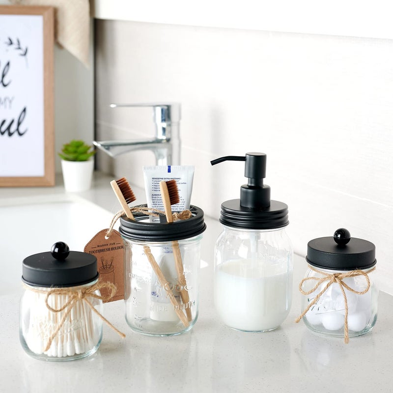 Amolliar Mason Jar Toothbrush Holder - Rustproof Stainless Steel - Holds 2 Toothbrushes and Toothpaste,with Chalkboard Labels - Farmhouse DÃ©cor Bathroom Countertop and Vanity Storage Organizer,Black - Image 3